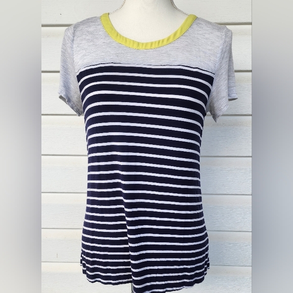 Skies Are Blue Tops - Anthro Skies Are Blue Navy and Gray Striped Tee with Yellow Accent!